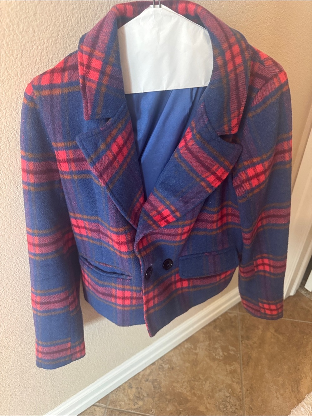 HYFVE Blue and Red Plaid Cropped Pea Coat